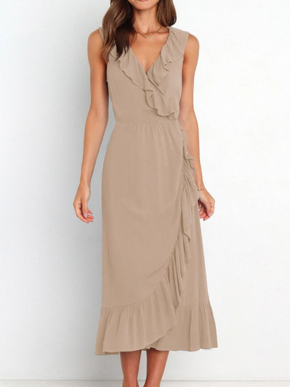 Ruffled Surplice Sleeveless Midi Dress Khaki