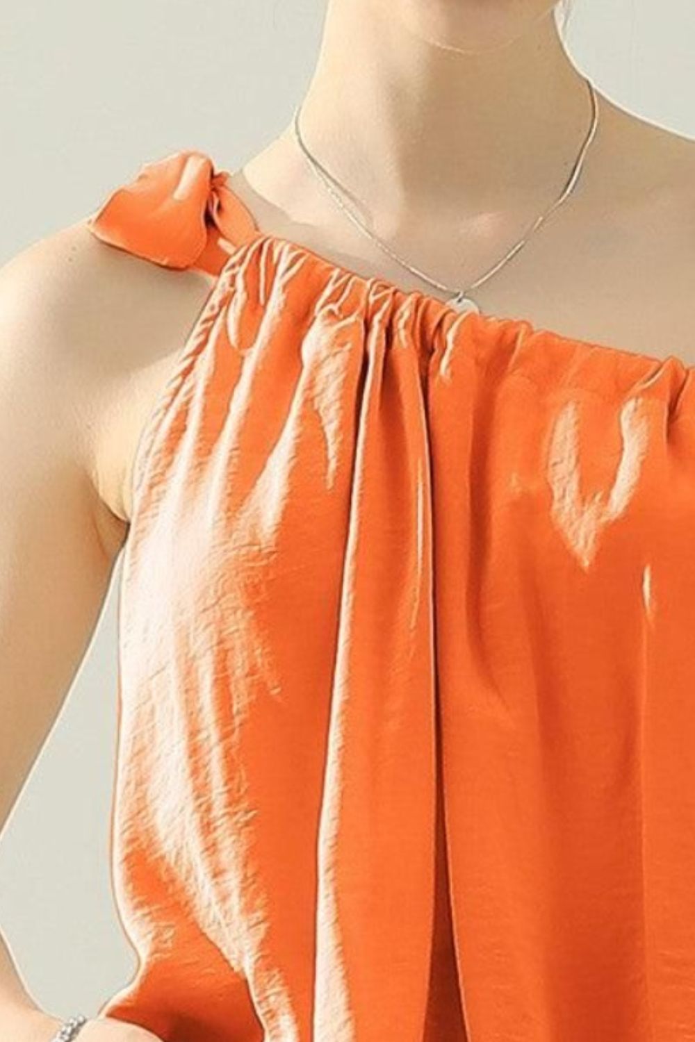 Ninexis One Shoulder Bow Tie Strap Satin Silk Top Orange