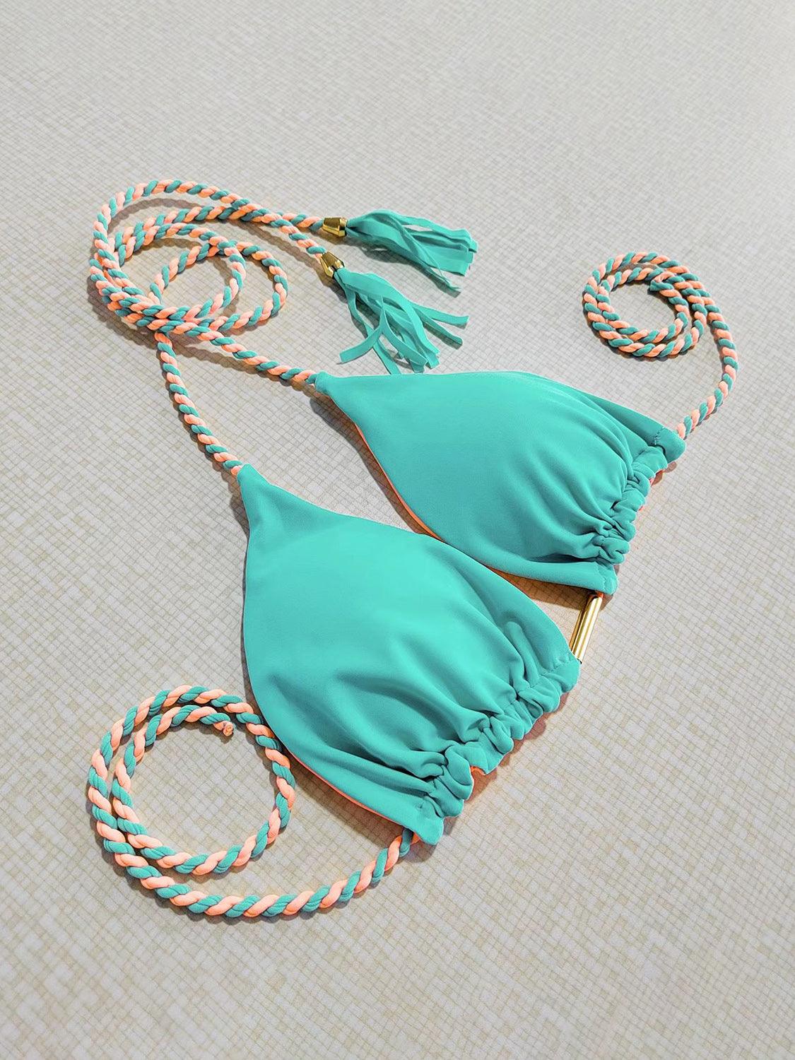 Contrast Halter Neck Two-Piece Bikini Set Aqua