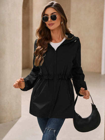 Outdoor Waterproof Long Sleeve Hooded Windbreaker Black