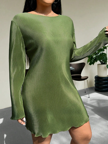 Honey Plus Size Lettuce Hem Round Neck Long Sleeve Dress Matcha Green