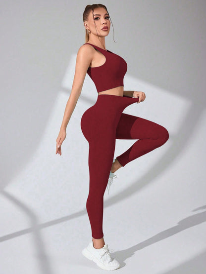 Scoop Neck Wide Strap Top and Pants Active Set Burgundy