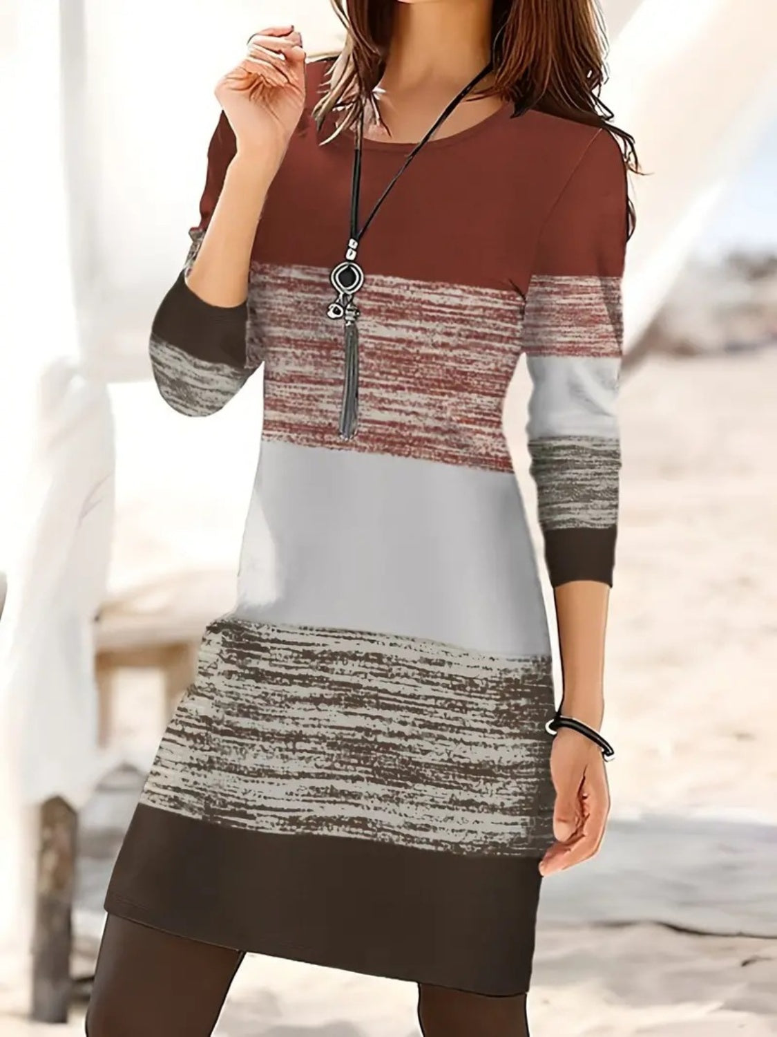 Color Block Round Neck Long Sleeve Dress Brown