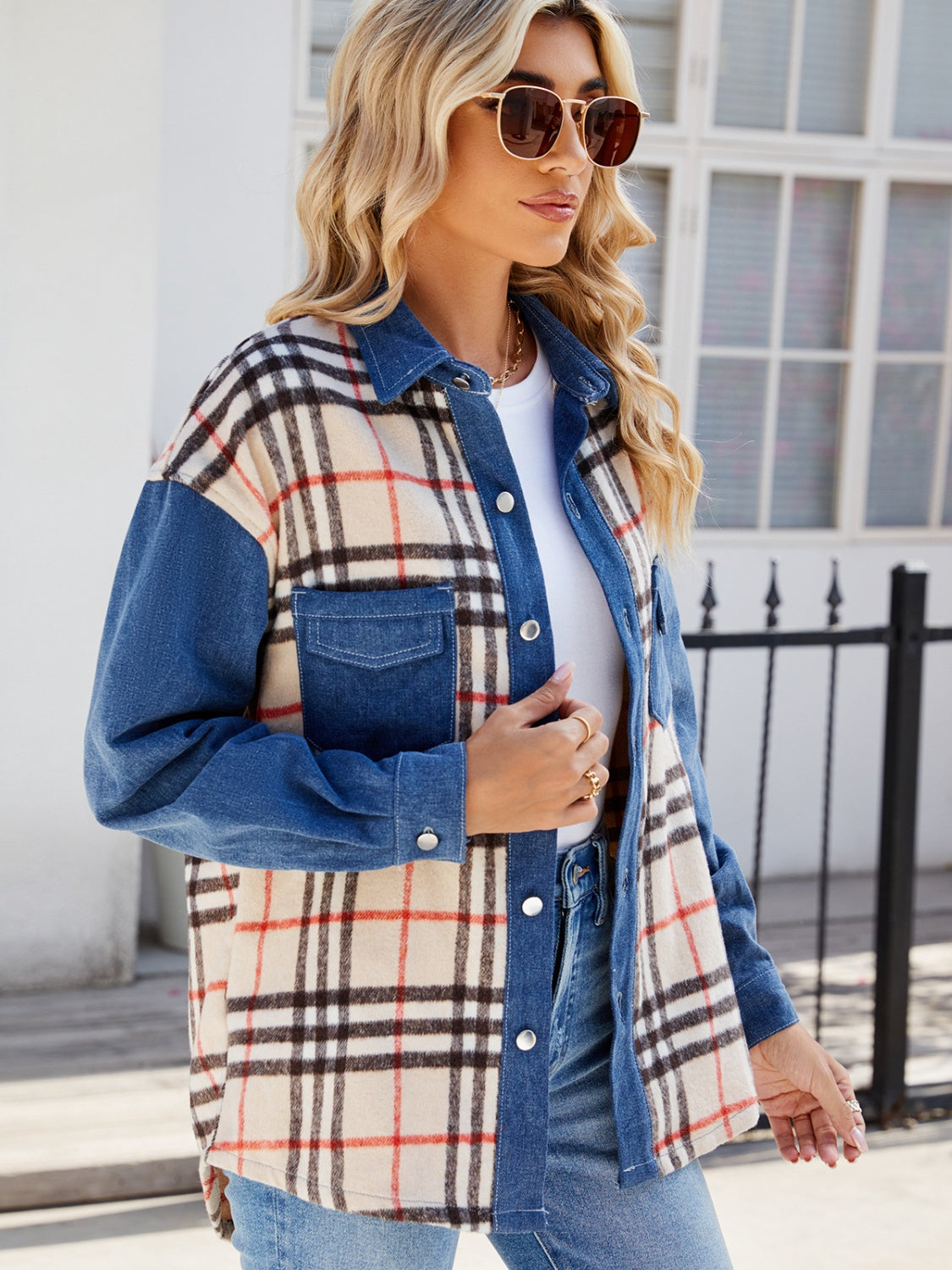 Plaid Long Sleeve Denim Jacket Dusty Blue