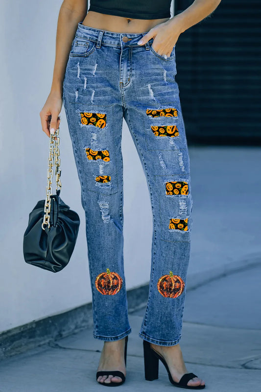 Pumpkin Distressed Straight Jeans Medium