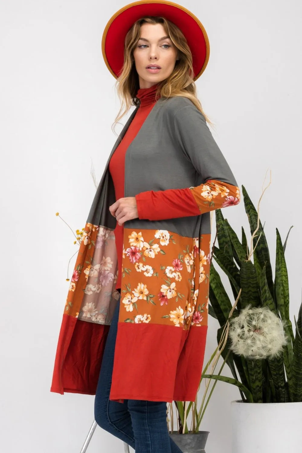 Celeste Full Size Floral Color Block Open Front Cardigan Olive Rust