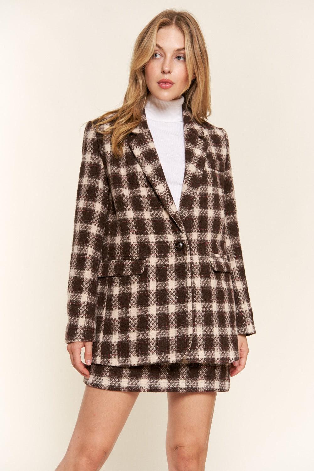 And The Why Full Size Plaid Brushed One Button Blazer Brown