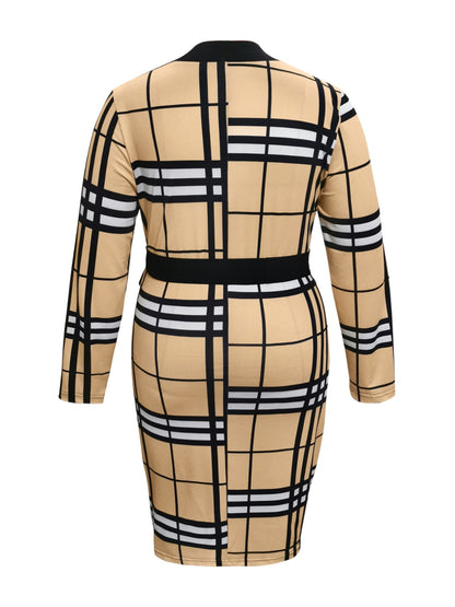 Plus Size Plaid V-Neck Long Sleeve Wrap Dress Pastel Yellow