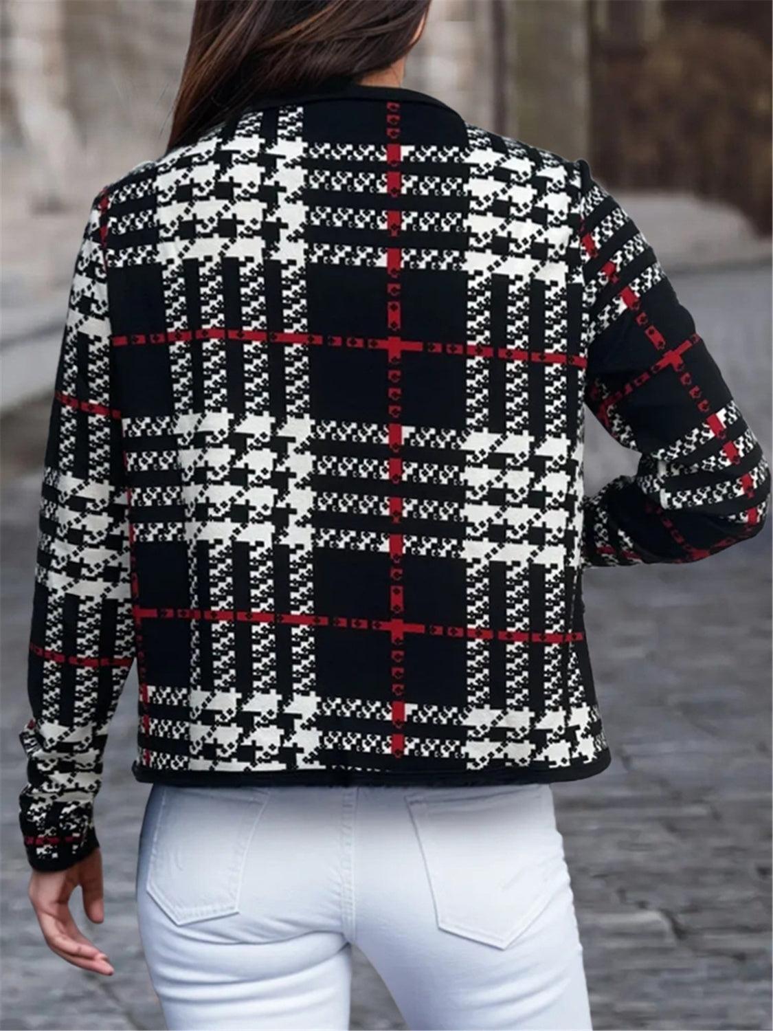 Plaid Open Front Long Sleeve Jacket Black