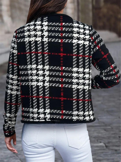 Plaid Open Front Long Sleeve Jacket Black