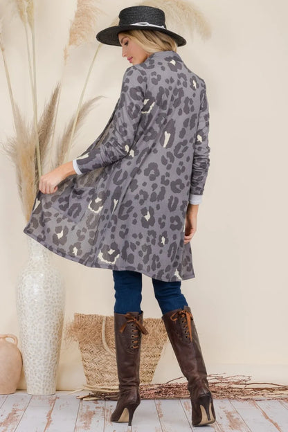 Celeste Full Size Leopard Open Front Contrast Cardigan Grey Leopard