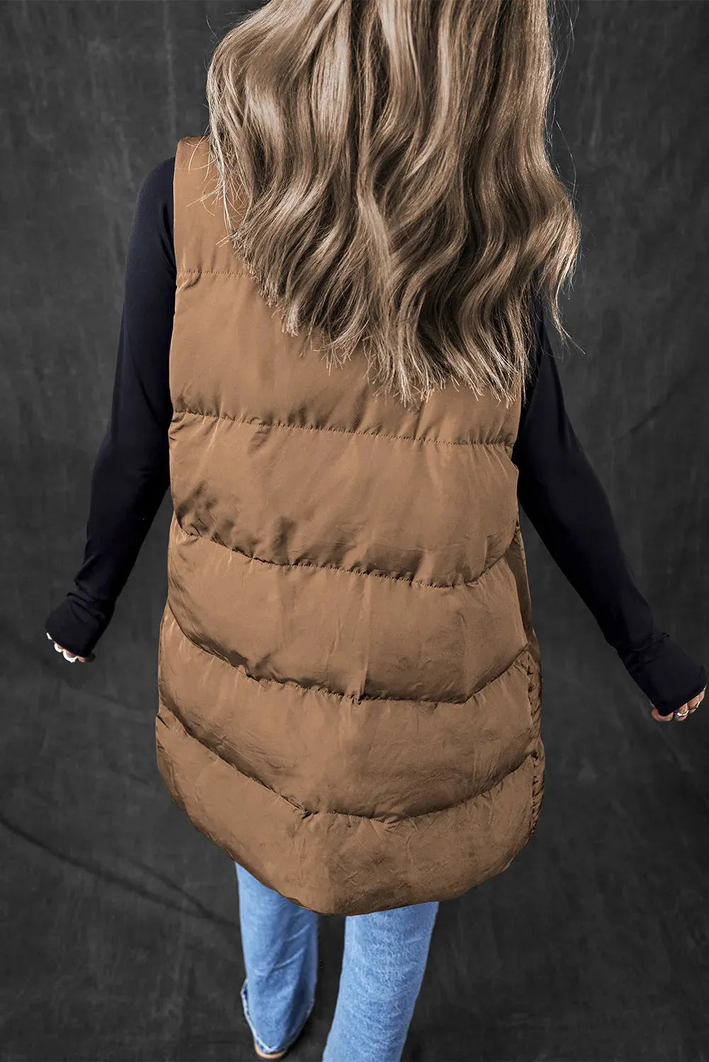 Pocketed Zip Up Vest Coat Caramel