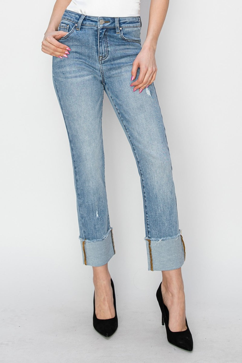 RISEN Full Size High Rise Cuffed Slim Straight Jeans Light