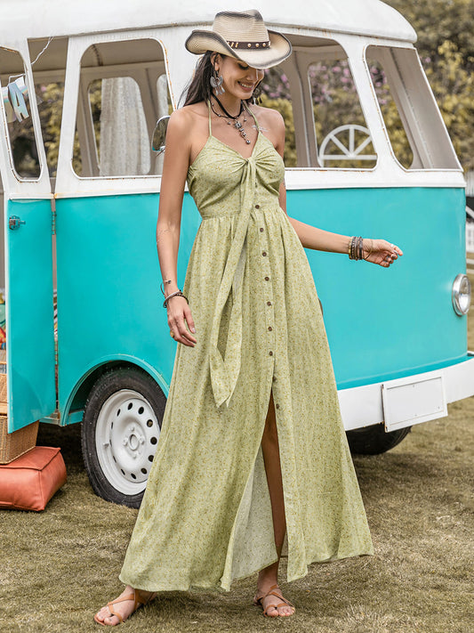 Printed Halter Neck Maxi Dress Sage