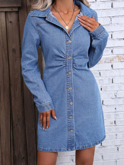 Ruched Button Up Long Sleeve Denim Dress Medium