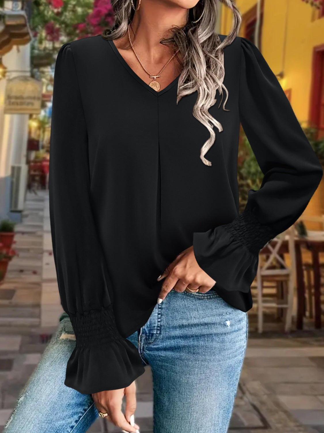 V-Neck Flounce Sleeve Blouse Black