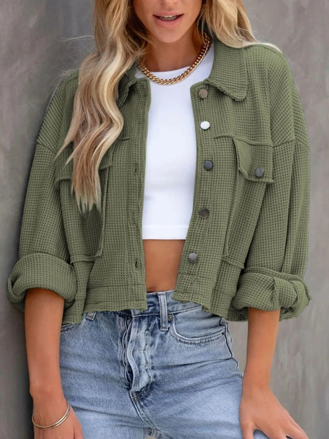 Button Up Long Sleeve Jacket Moss