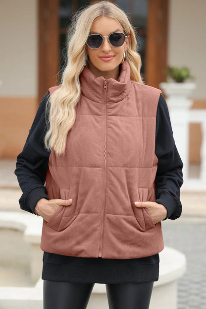 Pocketed Zip Up Turtleneck Vest Coat Dusty Pink