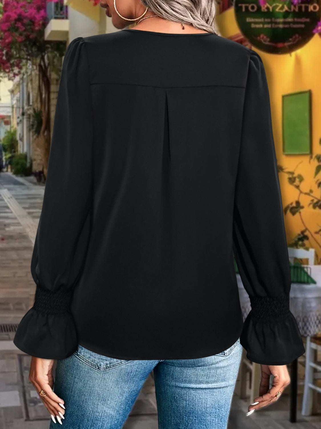 V-Neck Flounce Sleeve Blouse Black