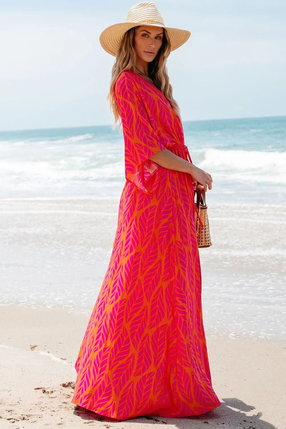 Drawstring Printed V-Neck Maxi Dress Strawberry