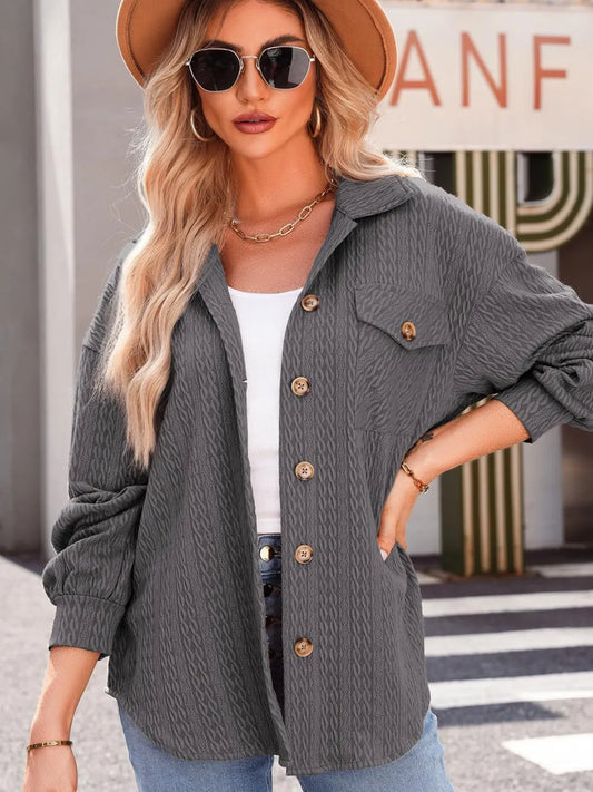 Textured Button Up Long Sleeve Shacket Dark Gray