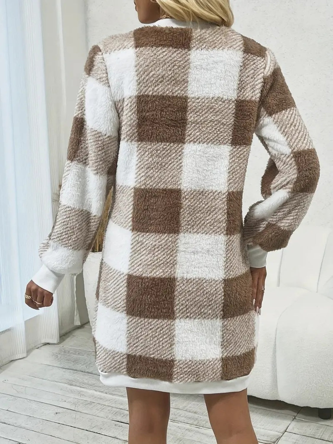 Plaid V-Neck Long Sleeve Dress Taupe