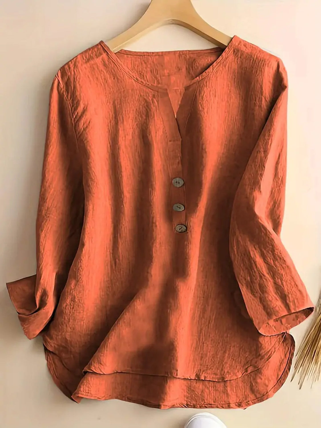 Notched Three-Quarter Sleeve Blouse Terracotta