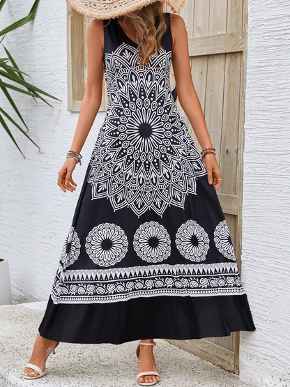 Honey Printed Round Neck Sleeveless Dress Black