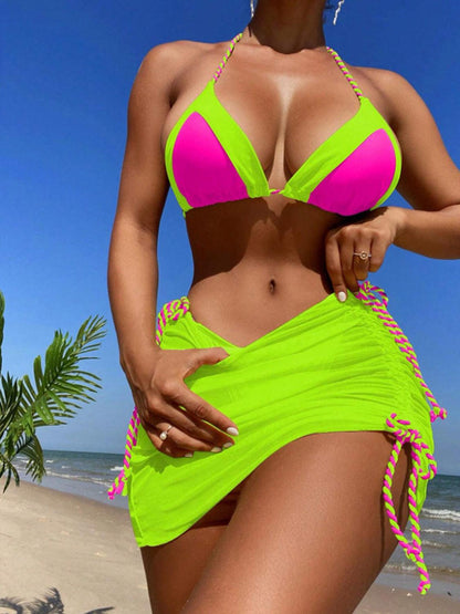 Contrast Tied Three-Piece Swim Set Neon Green