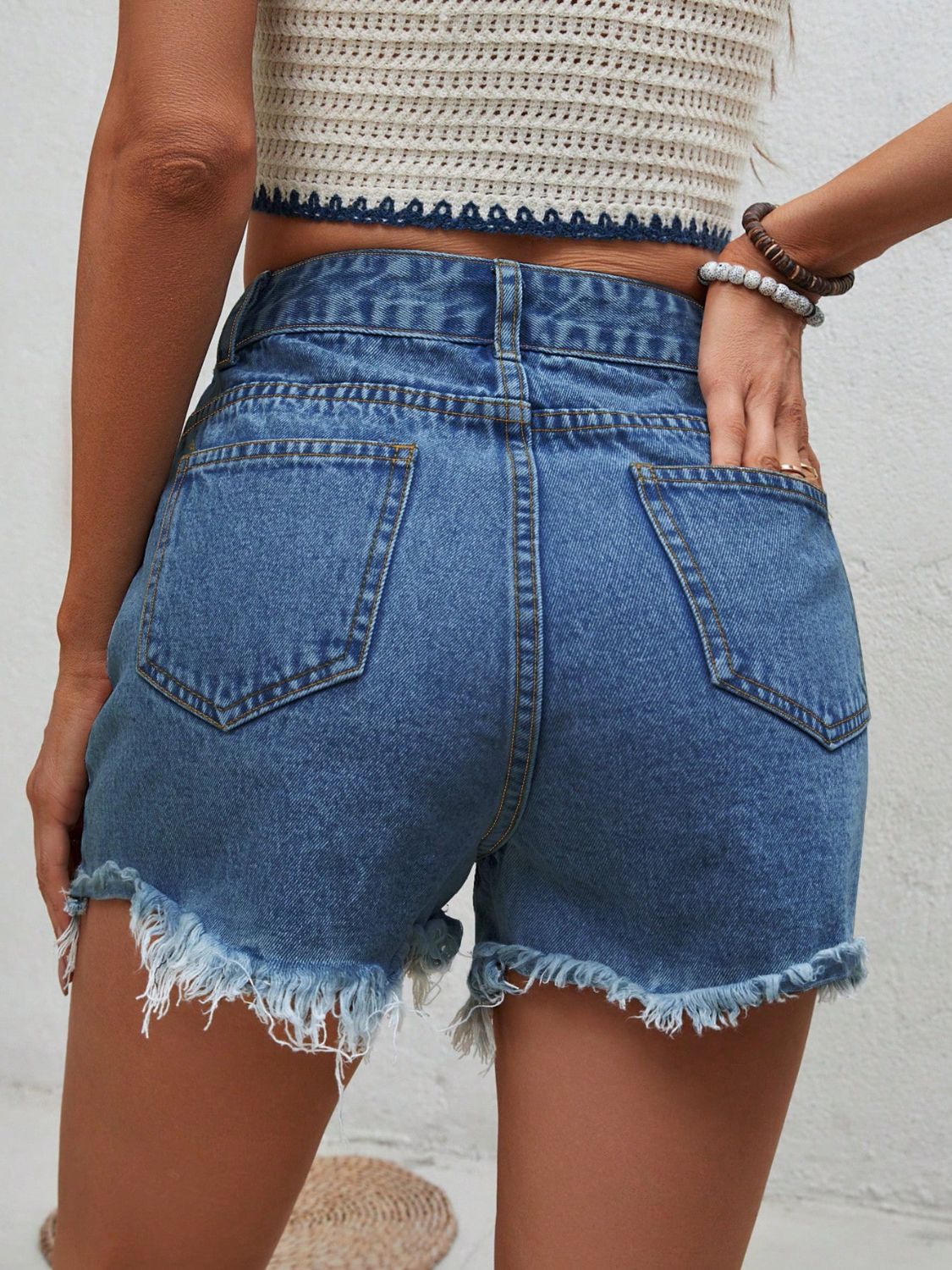 Distressed Raw Hem Denim Shorts Medium