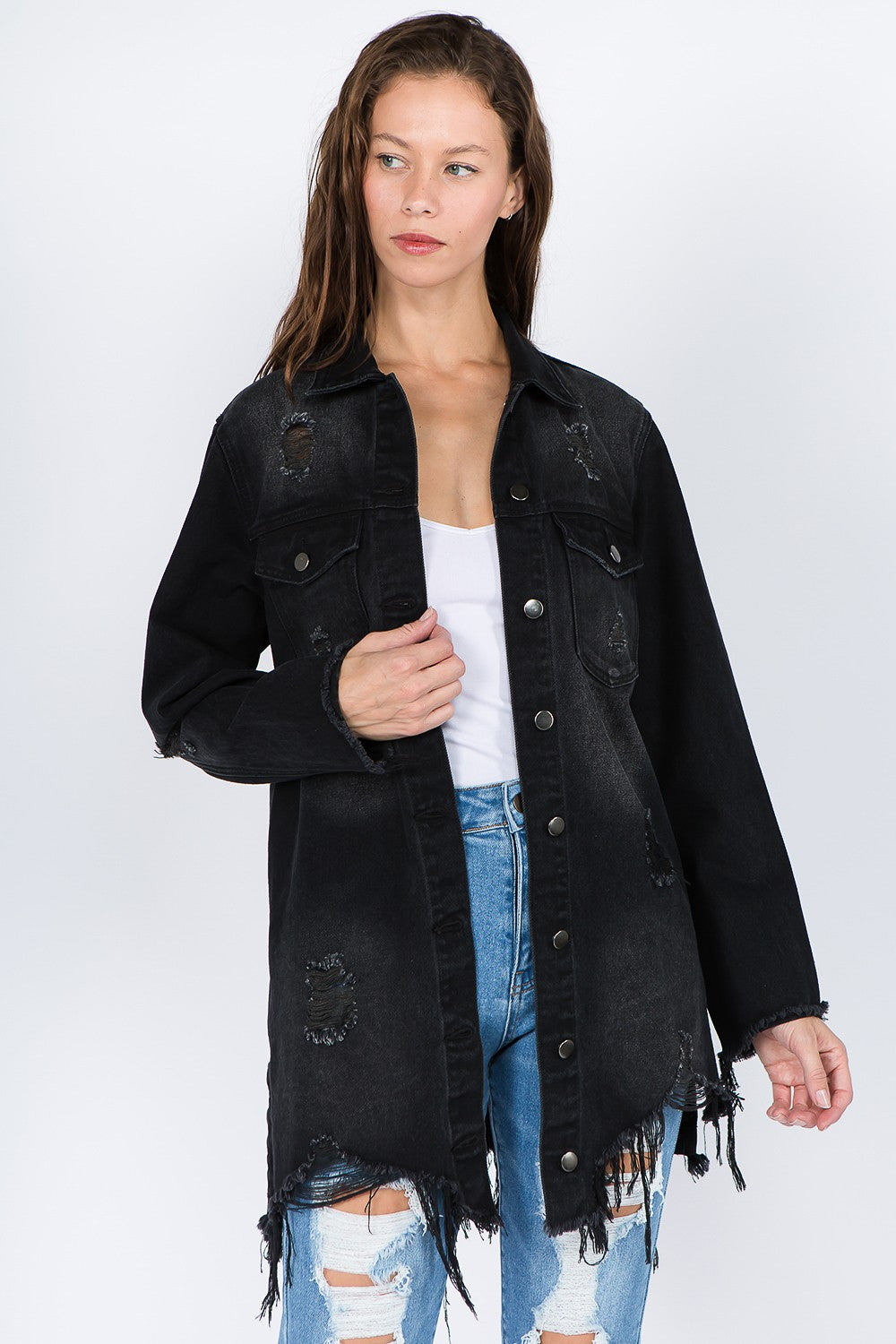 American Bazi Distressed Frayed Hem Denim Jacket Black