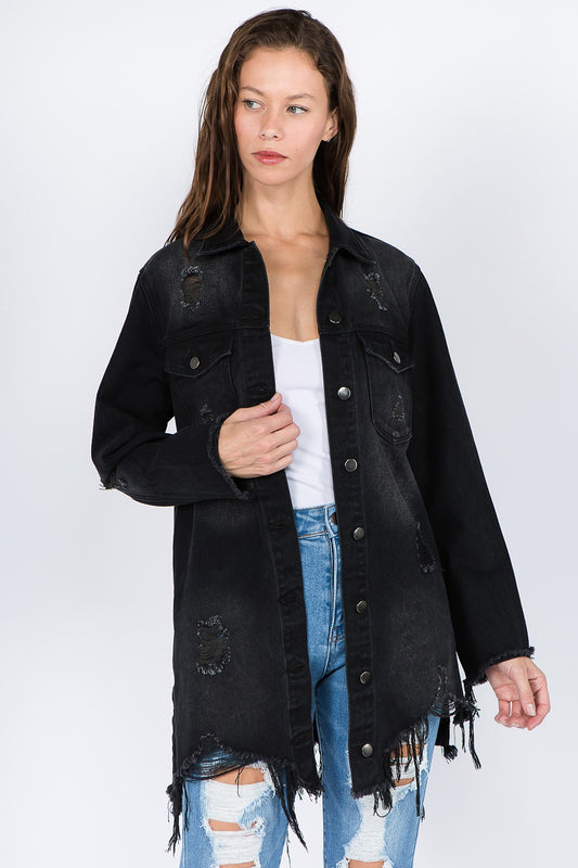 American Bazi Distressed Frayed Hem Denim Jacket Black