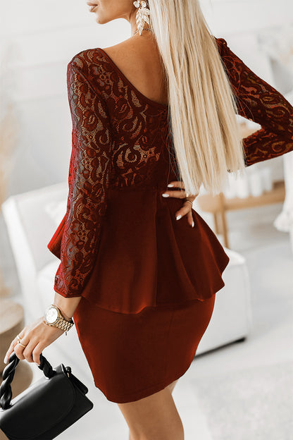 Lace Detail Long Sleeve Mini Dress Burgundy