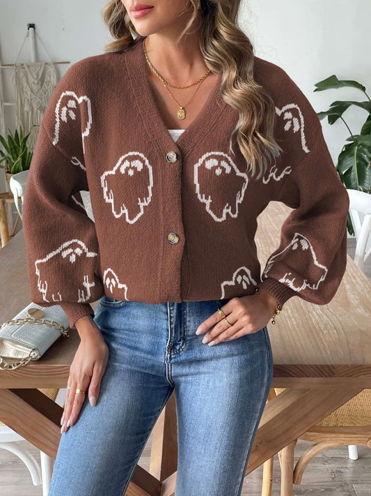 V-Neck Dropped Shoulder Cardigan Brown