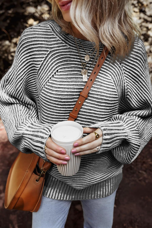 Textured Striped Round Neck Long Sleeve Top Black