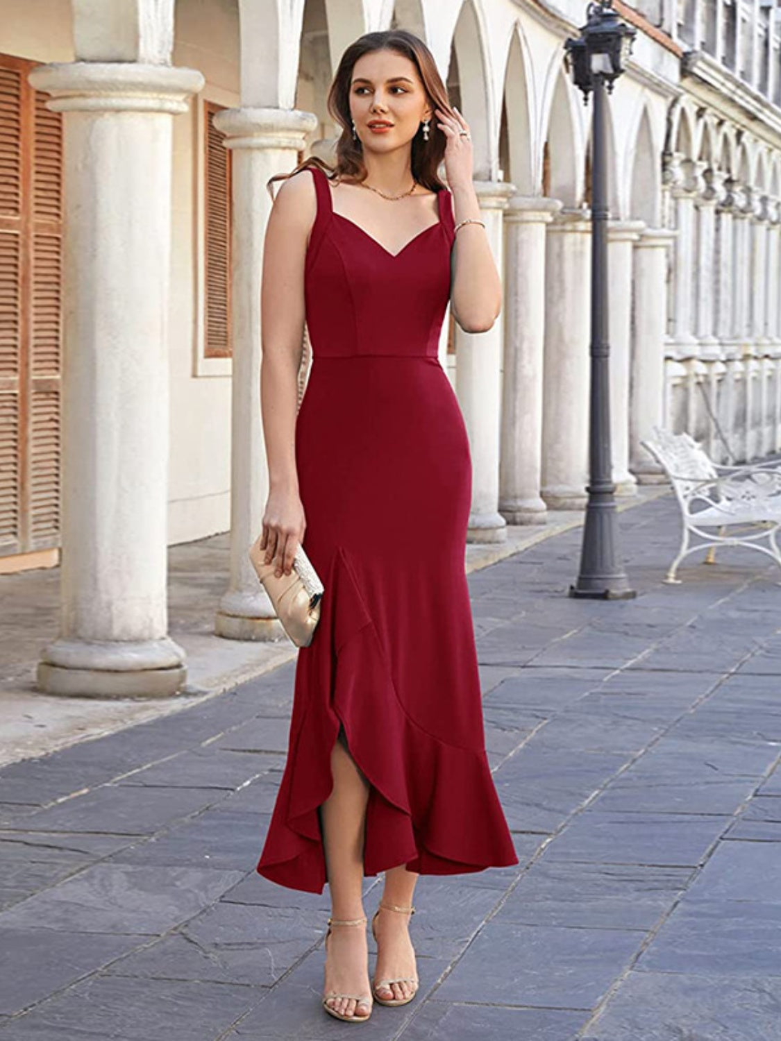 Ruffled Sweetheart Neck Fishtail Cami Dress Burgundy