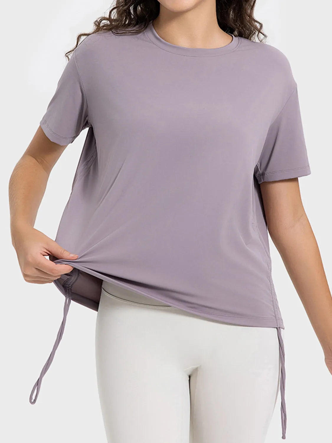 Drawstring Round Neck Short Sleeve Active T-Shirt Lilac