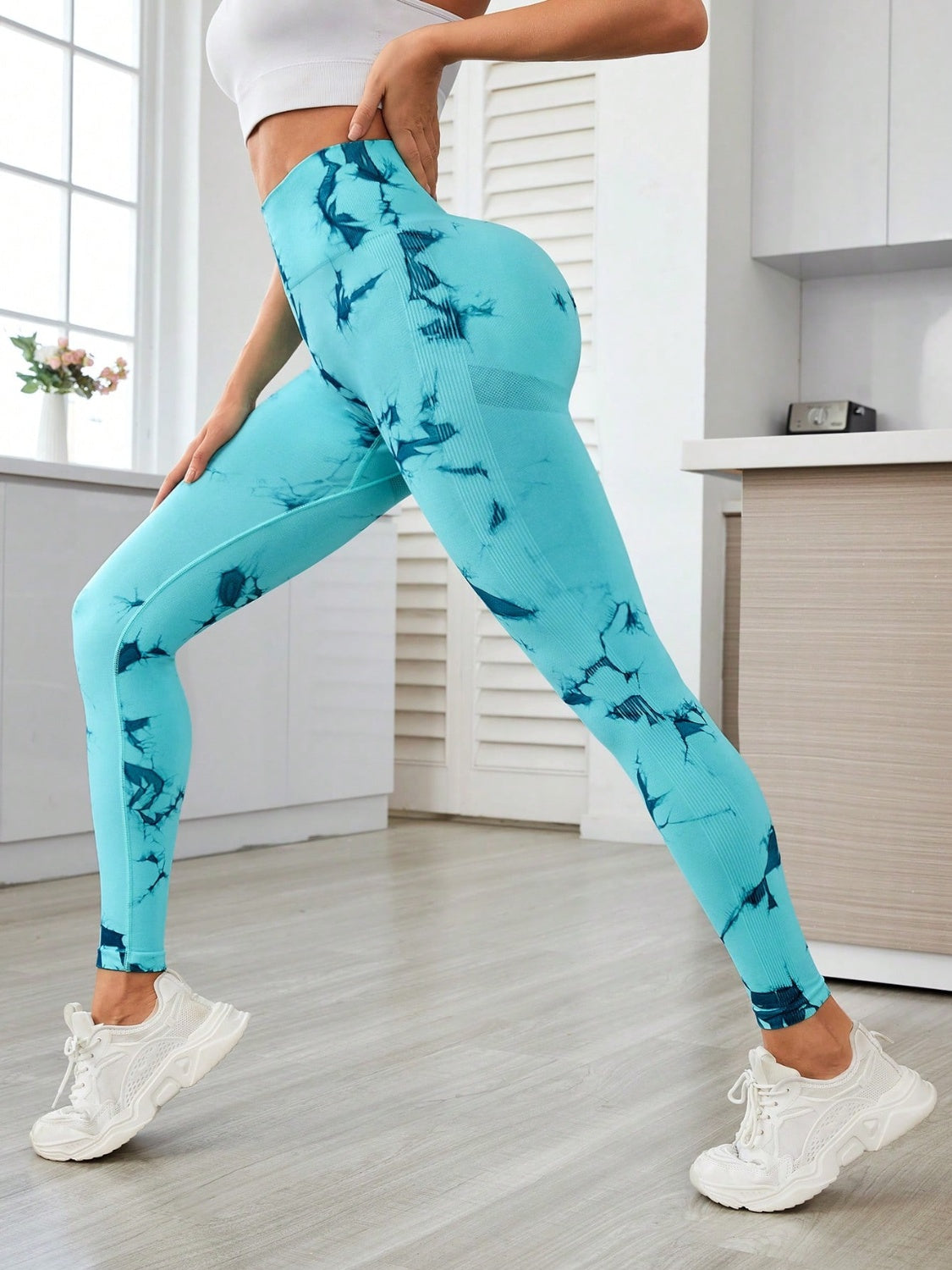 Printed High Waist Active Leggings Turquoise