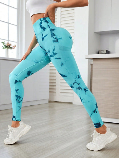 Printed High Waist Active Leggings Turquoise