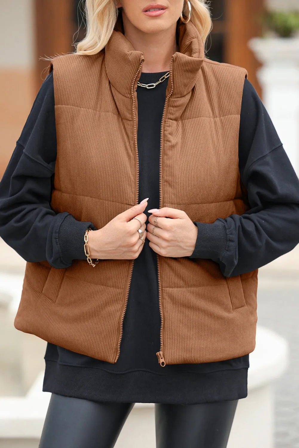 Pocketed Zip Up Turtleneck Vest Coat Brown