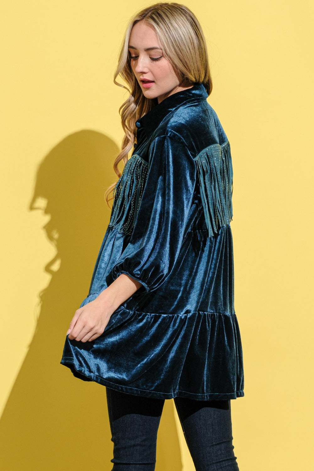 And The Why Fringe Detailed Velvet Shirt Dress Teal