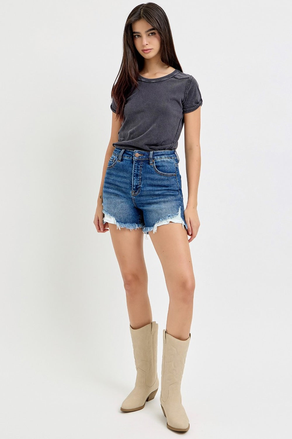 RISEN High Rise Side Step Hem Denim Shorts Dark