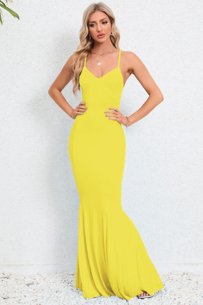 Crisscross Spaghetti Strap Fishtail Dress Yellow