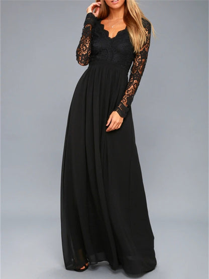 Lace Detail Backless Long Sleeve Maxi Dress Black