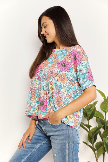 Double Take Floral Round Neck Babydoll Top Floral