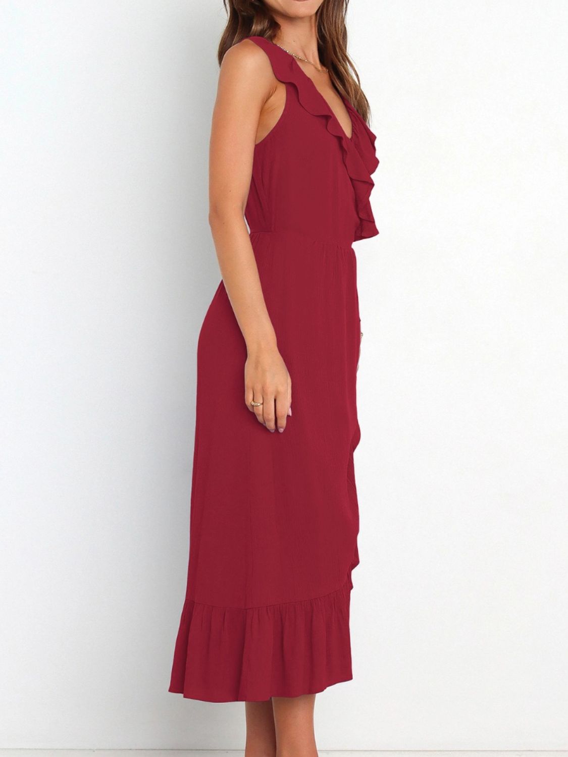 Ruffled Surplice Sleeveless Midi Dress Burgundy