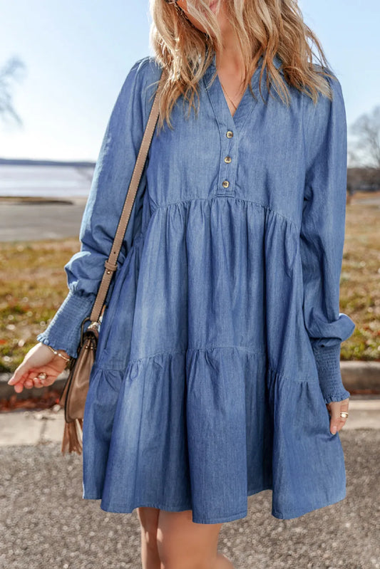 Tiered Johnny Collar Long Sleeve Denim Dress Medium