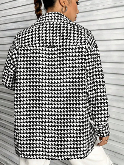 Houndstooth Button Down Long Sleeve Shacket Black