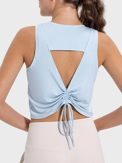 Drawstring Cutout Round Neck Active Tank Light Blue