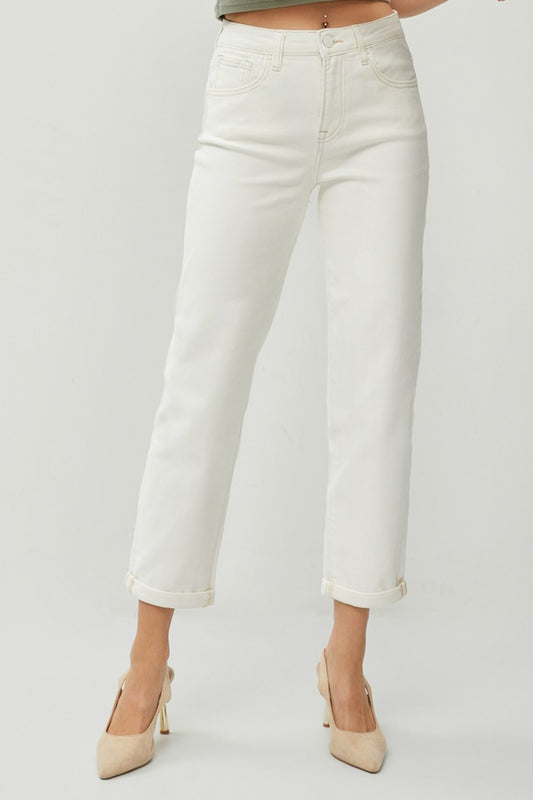 RISEN Full Size High Waist Rolled Hem Straight Jeans Cream